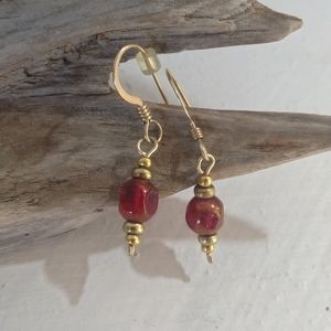 Drop Earrings Pomegranate red and gold